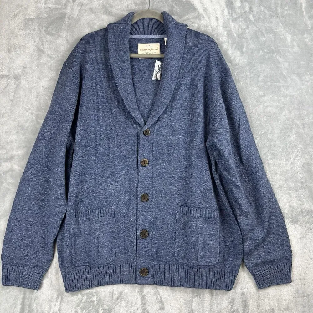 Weatherproof‎ Vintage Sweater Mens Knit Shawl Neck Blue Preppy Cottage core 2XL
